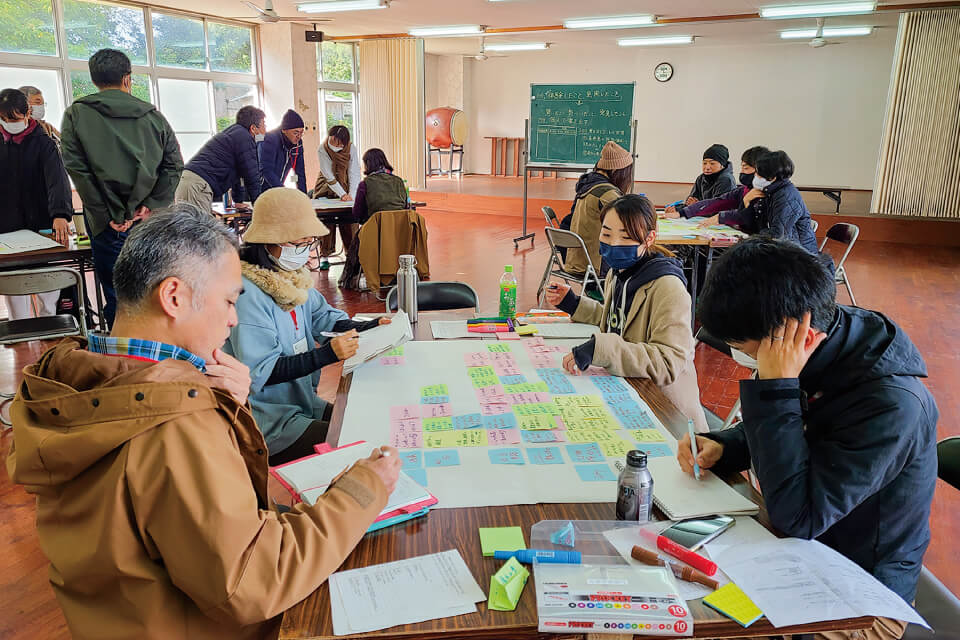 プログラムの一環で現地で実習。島の巡検や集落散策を行い、学んだごとを受講生同士で共有するワークショップ
