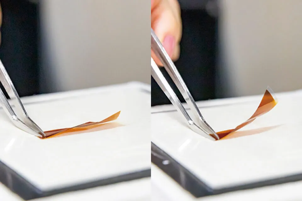 光を浴びて変形するアモルファス窒化炭素薄膜。配線がなくても光が届けば動かせるところが魅力